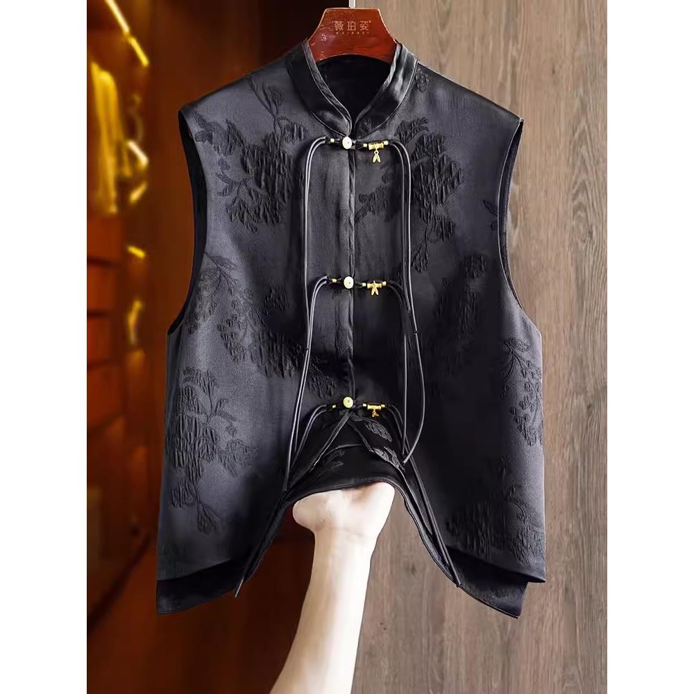 黑色中式马甲女秋季外穿复古国潮风提花设计感小众盘扣上衣