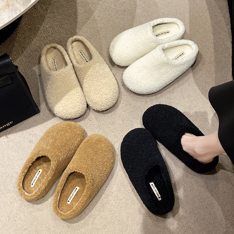 包头毛毛半拖鞋女外穿秋冬季2023年新款一脚蹬厚嘟嘟羊羔毛棉拖鞋
