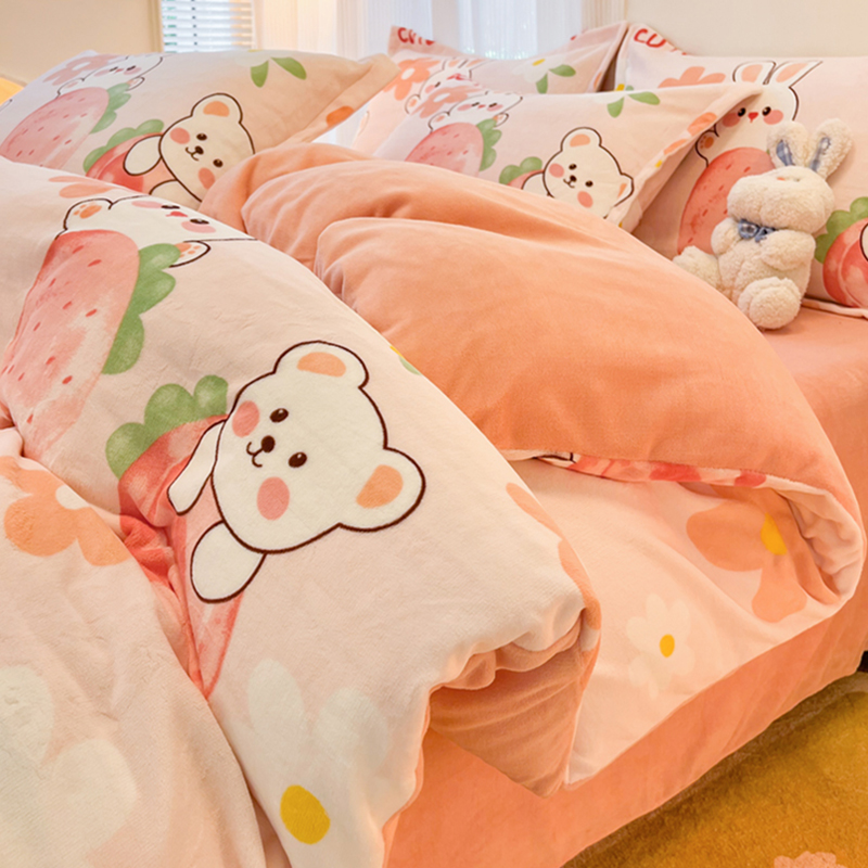 A类牛奶绒珊瑚绒被套单件冬季加绒法兰绒被罩三件套学生宿舍儿童