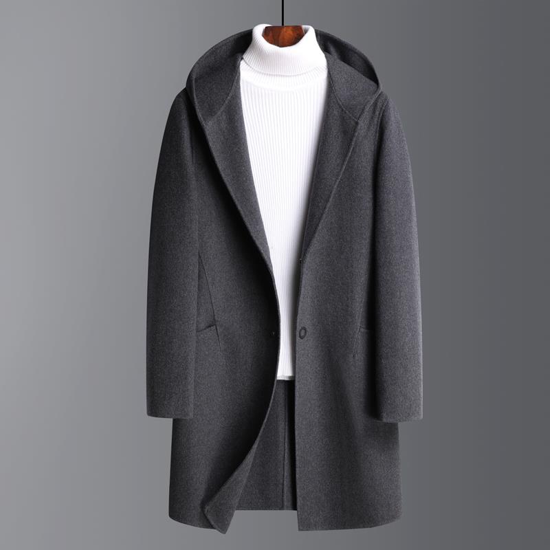 秋冬双面毛呢羊毛大衣男中长款连帽双面呢子风衣男士潮流羊绒外j