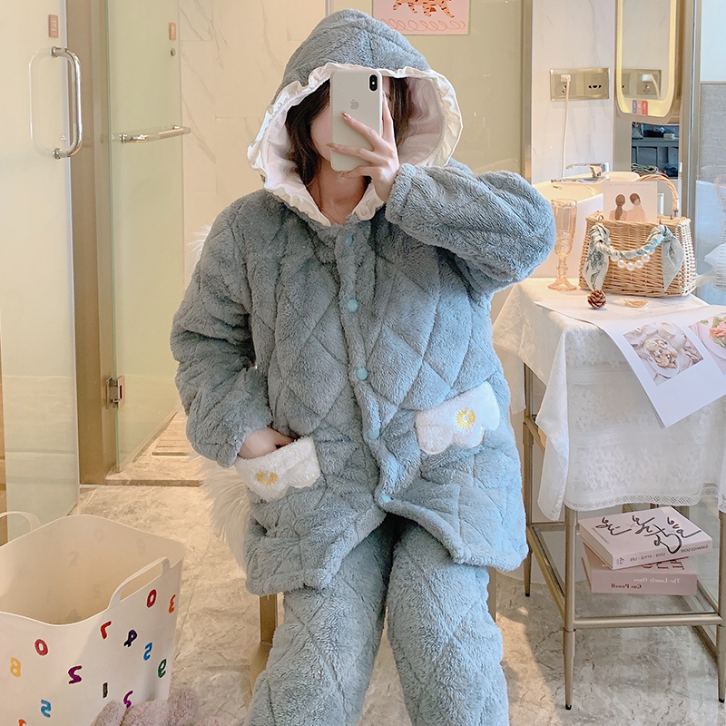 冬季夹棉睡衣女外穿可爱珊瑚绒三层加绒加厚冬天甜美家居服套装