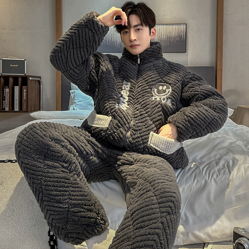 珊瑚绒睡衣冬季男款三层加厚夹棉保暖拉链可外穿冬款加绒法兰绒