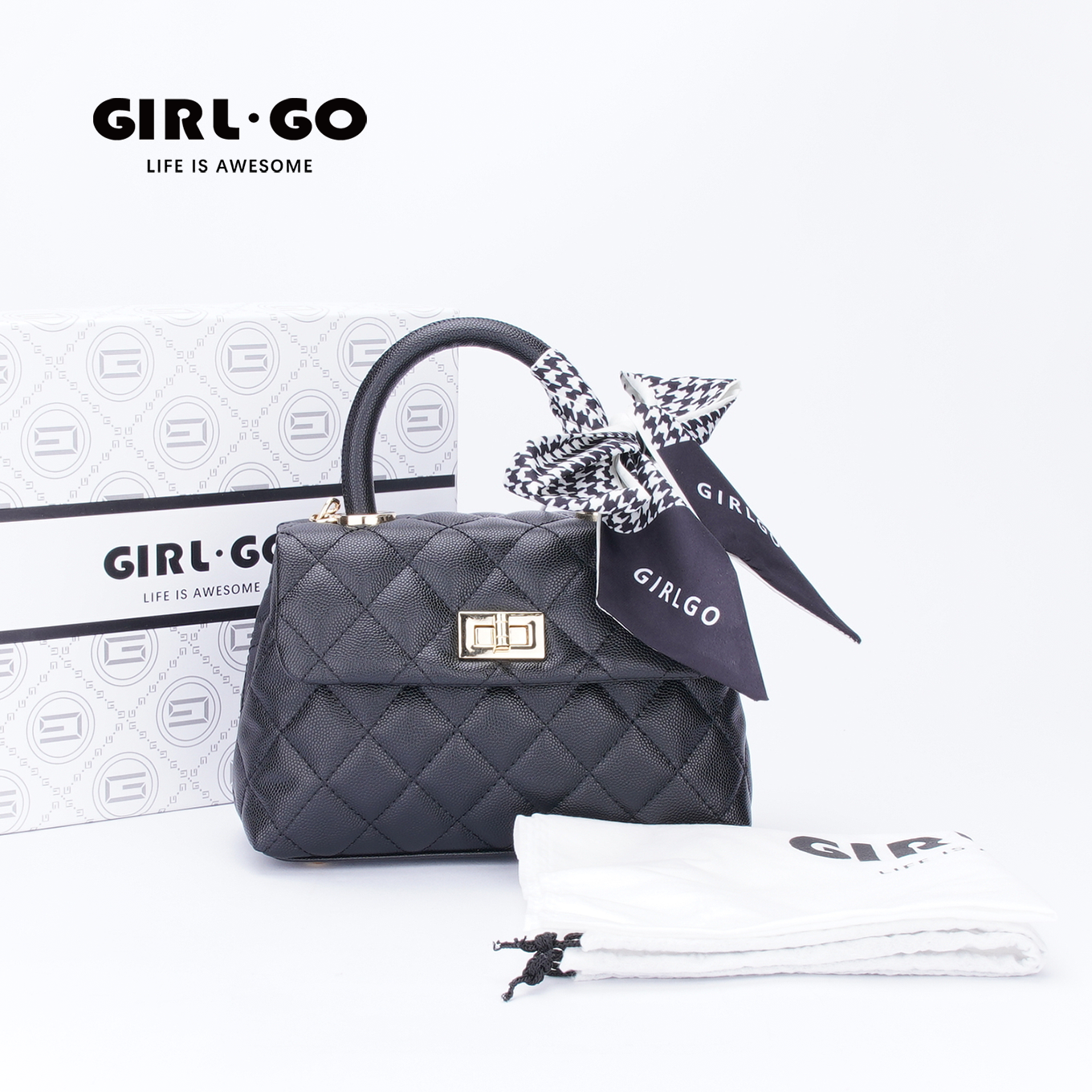 girl.go黑色牛皮链条包单肩轻奢菱格