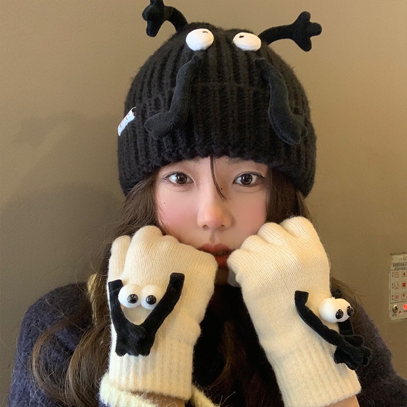 日系立体可爱煤球保暖护耳毛线帽女秋冬季帽子卡通搞怪小狗