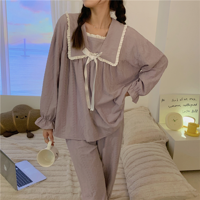 睡衣女秋季新款麦穗提花睡衣女春秋季长袖长裤套头女家居服套装