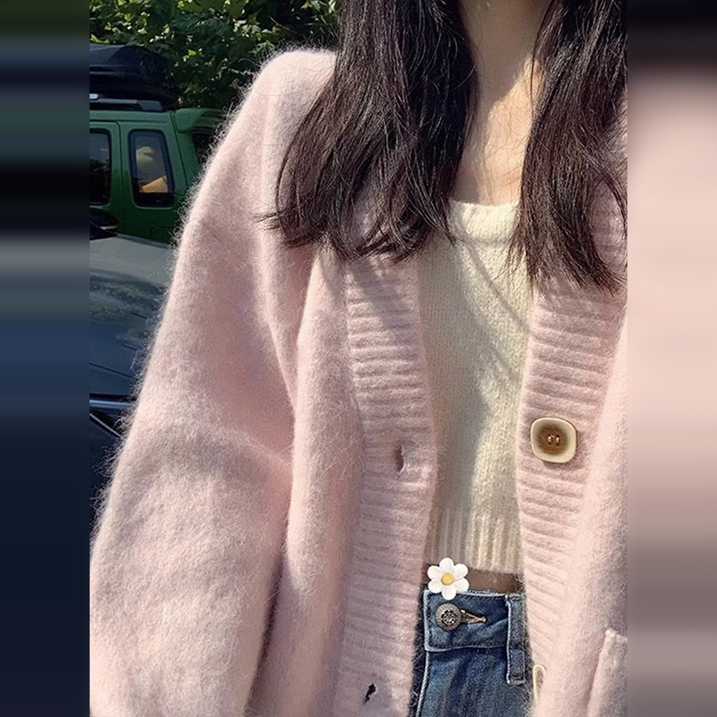 F943软糯粉色慵懒风毛衣外套女秋冬季新款针织开衫外穿宽松上衣女