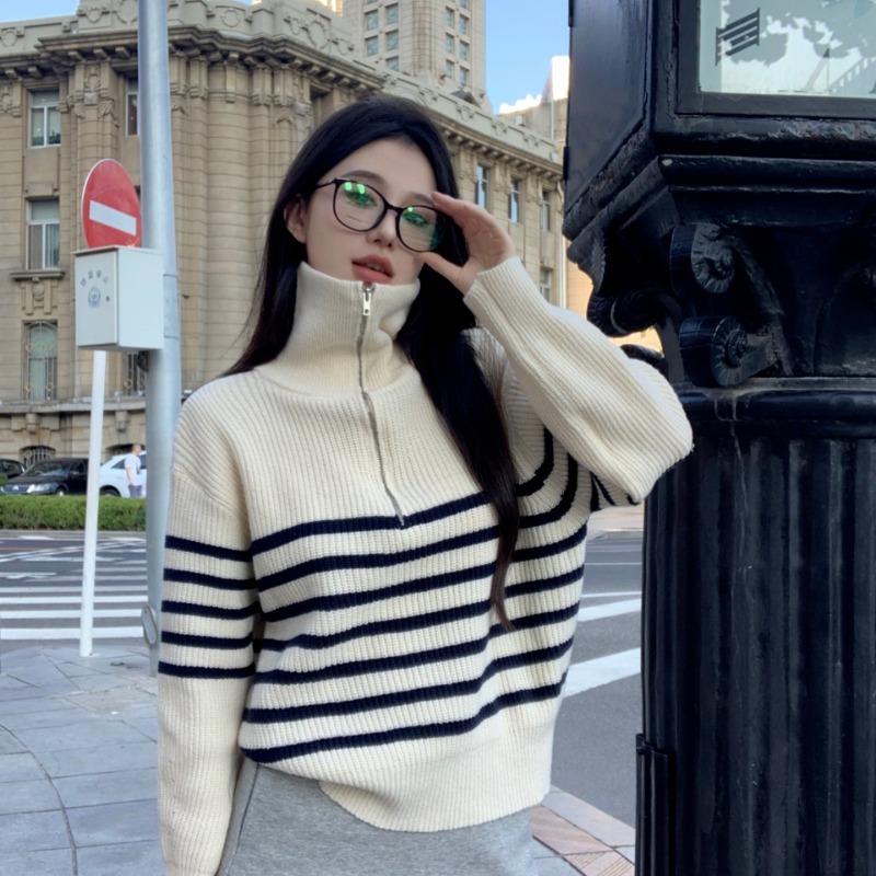 半拉链条纹长袖高领毛衣女秋冬2023新款慵懒风宽松外穿针织衫上衣