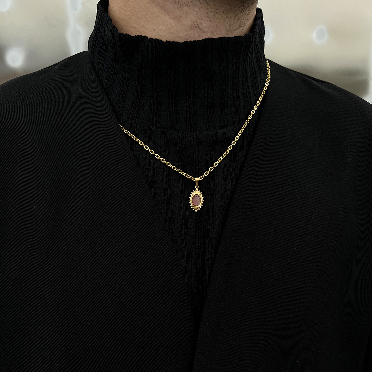 钛钢项链 Medusa金色美杜莎天然石复古美式锁骨链男50-55cm调节