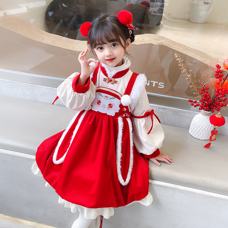 儿童汉服女童冬装2023新款宝宝加绒加厚唐装新年服儿童圣诞过年服