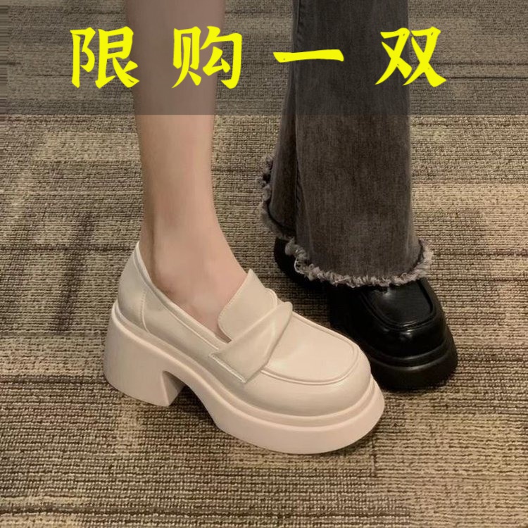 红蜻蜓牌春季新款法式粗跟厚底乐福鞋女白色英伦风单鞋高跟厚底
