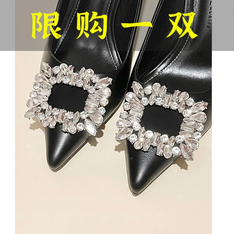 红蜻蜓牌软皮软底浅口高跟鞋女黑色职业细跟尖头水钻方扣气质通