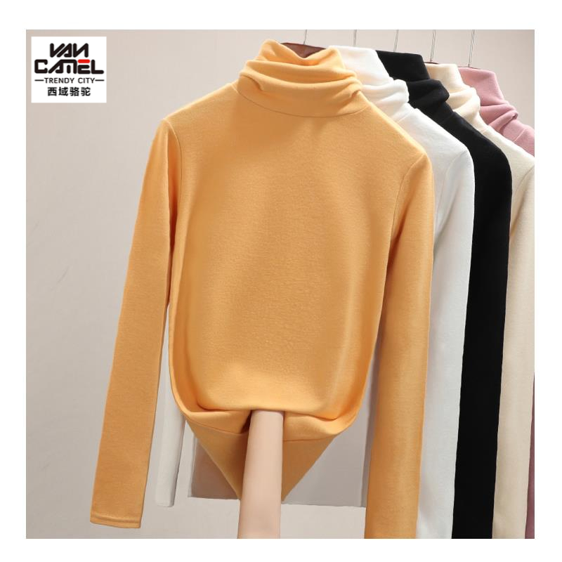 西域骆驼堆堆领打底衫女2023秋冬款长袖女装女士双面德绒加绒保暖