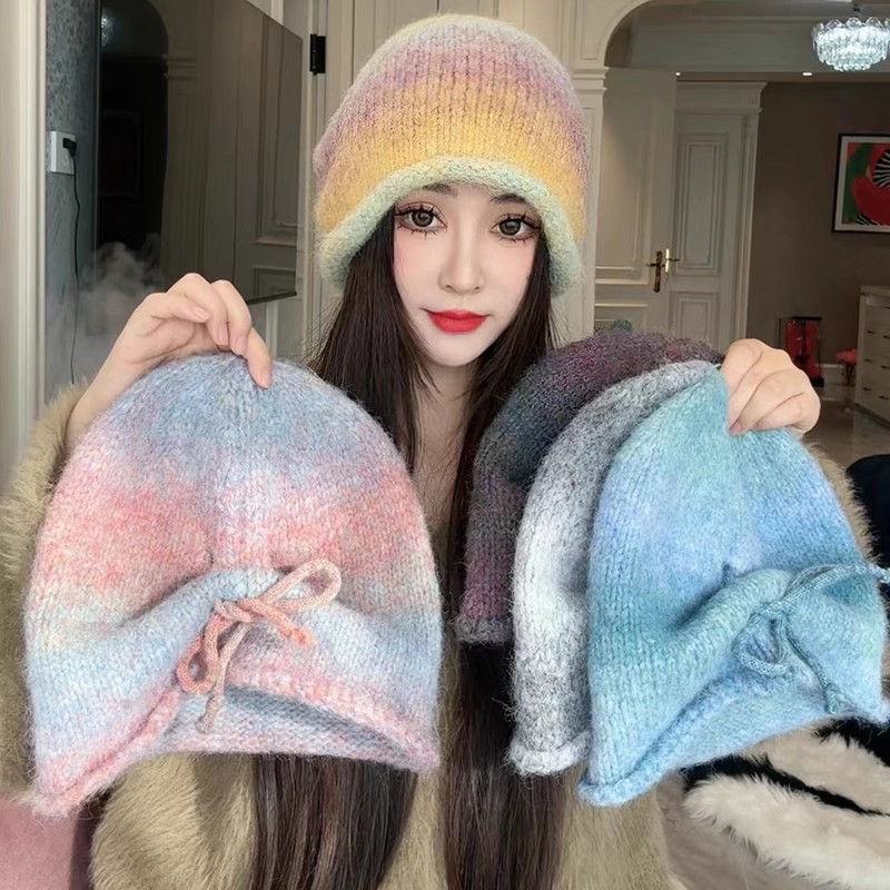 渐变色抽绳堆堆帽子女秋冬显脸小针织冷帽日系卷边保暖包头毛线帽