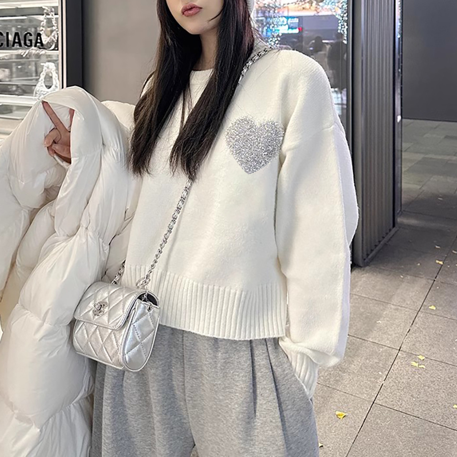 6759圣诞风爱心条纹时尚百搭套头毛衣女秋冬新款慵懒风亮片针织衫