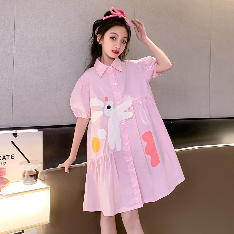 女童兔子衬衫连衣裙2023夏款洋气儿童设计感卡通小兔粉色衬衣裙子