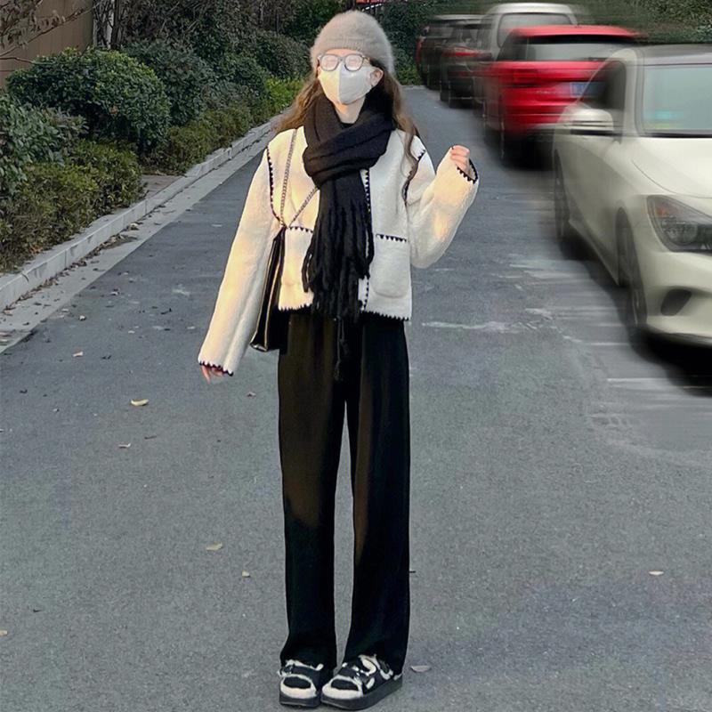 粉色阔腿裤女秋冬2023年新款高腰垂感慵懒加绒休闲春秋针织直筒裤