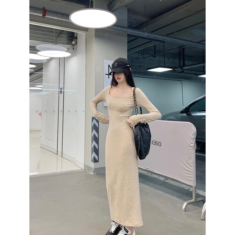 打底修身方领复古连衣裙子女收腰气质开叉针织法式包臀长裙秋冬