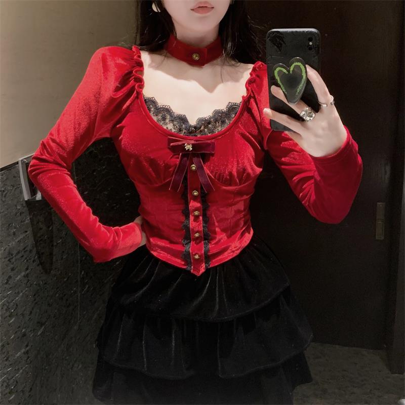 耶诞秋冬丝绒衬衫女显瘦一字肩挂颈纯欲上衣小香风蕾丝打底衫法式