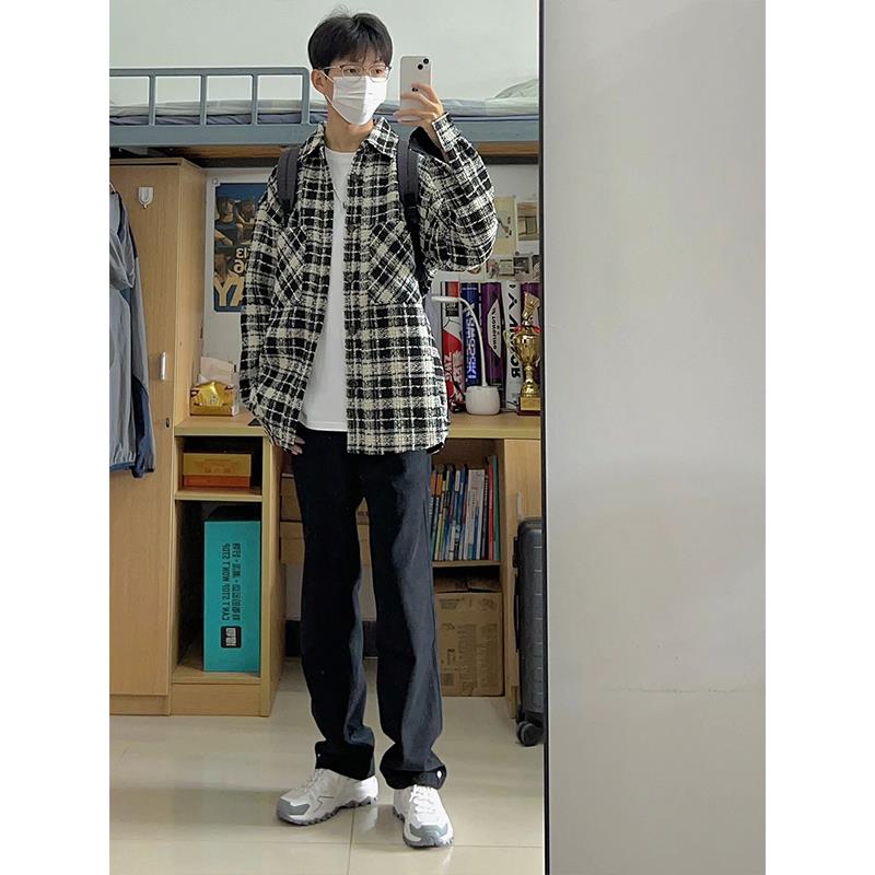 宽松cleanfit小香风复古男韩版款美式潮牌黑白潮流牛仔感翻领夹克