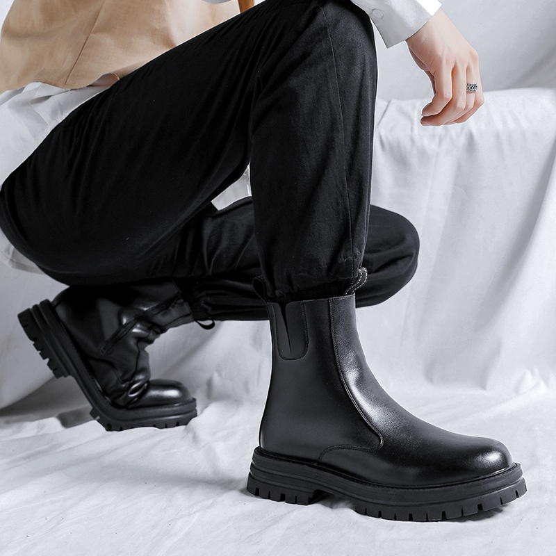 切尔西靴男秋季烟筒靴高帮厚底马丁靴男英伦风皮中帮侧拉链短靴