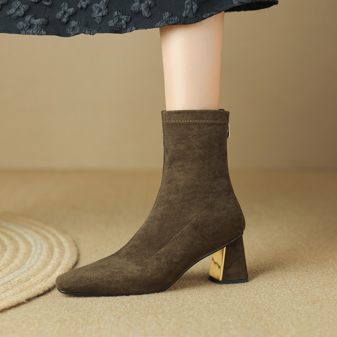 秋冬新款高跟短靴女弹力靴粗跟方头裸靴百搭瘦瘦靴踝靴简约女鞋子