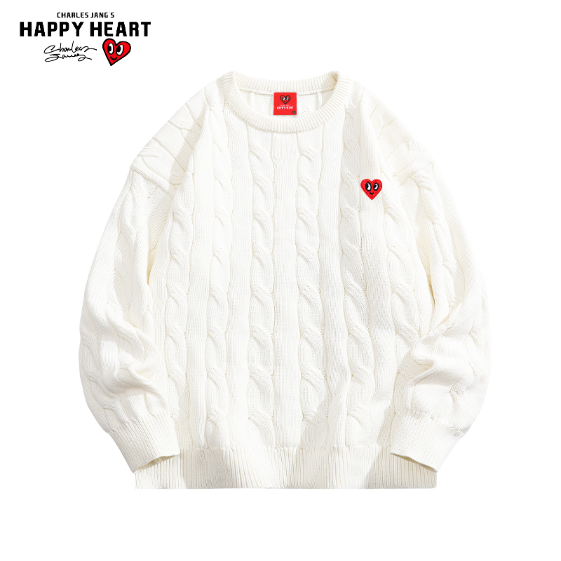 查尔斯桃心 圆领毛衣男秋冬季2023新款慵懒风白色针织男女情侣款