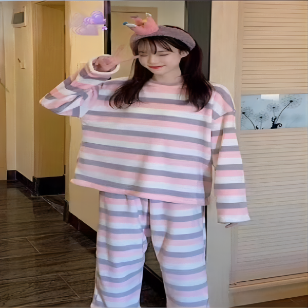 大庆仓 XH GP家  法兰绒圆领彩虹条纹长袖成人家居套装