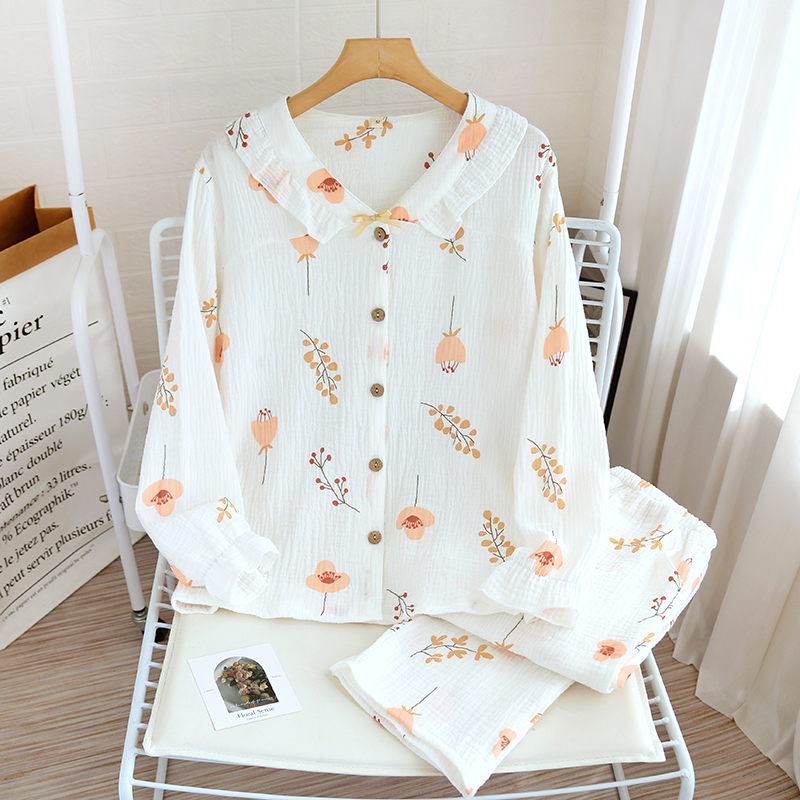 【灯笼花】抗菌甜美睡衣女纯棉纱布春秋长袖透气吸汗全棉家居服套装