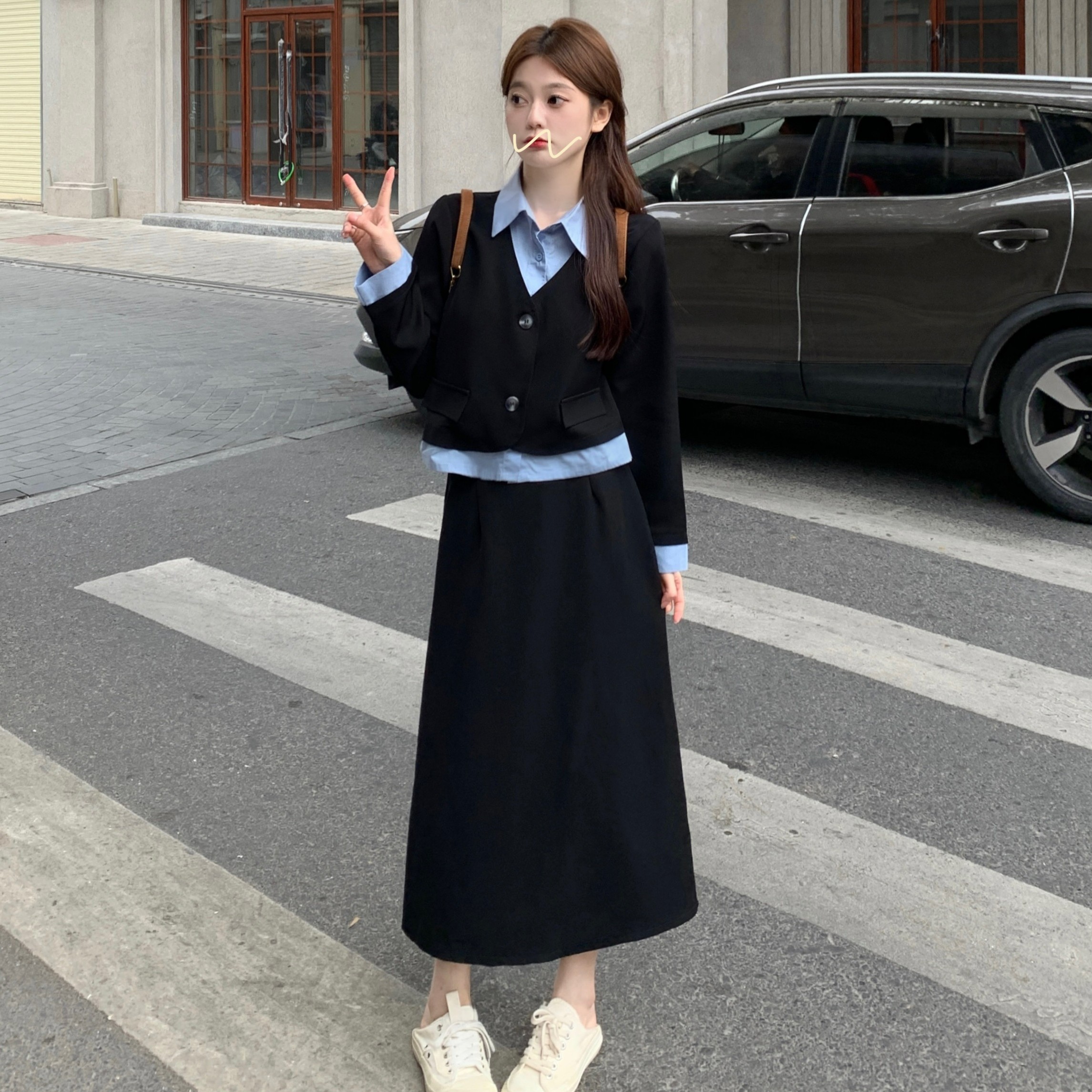 2023新款大码女装气质拼色西装外套显瘦半身裙两件套套装