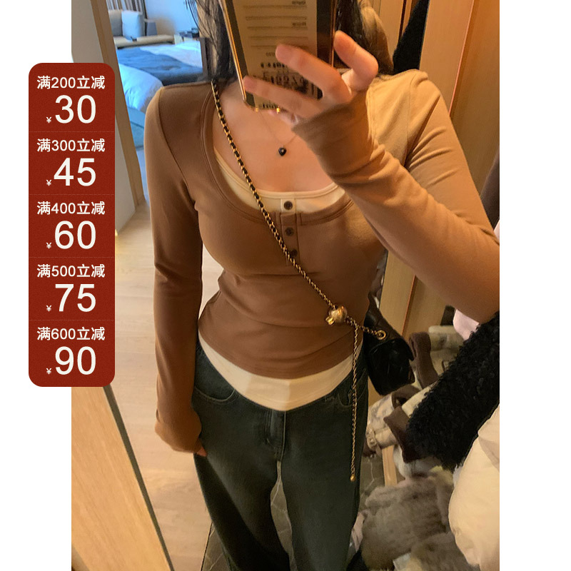 王少女的店【现现】棕色修身假两件时尚针织衫风长袖上衣 Z11594S34