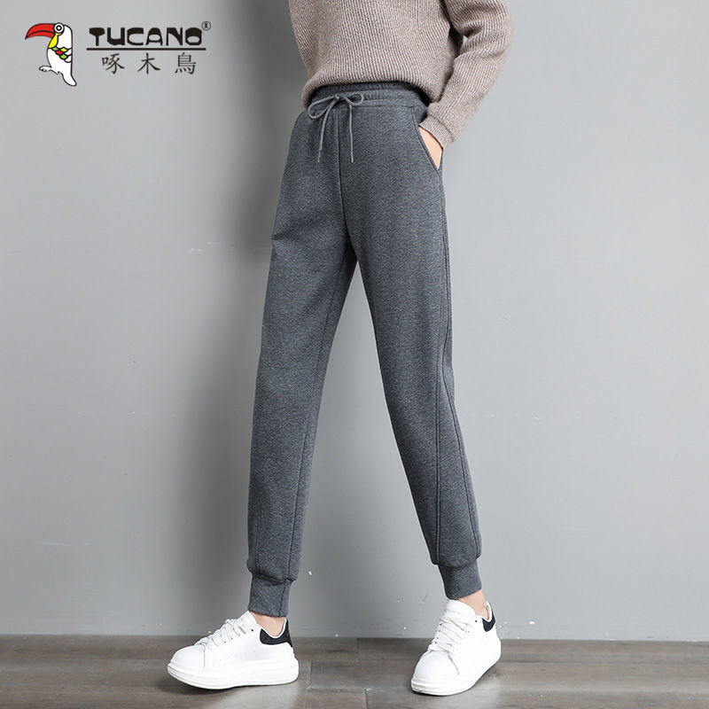 啄木鸟加厚加绒运动裤女休闲百搭裤束脚裤子女韩版显瘦拼接哈伦裤