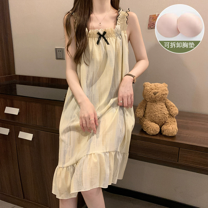 【蝴蝶结】睡裙宽松网红女士短袖长裤花边蕾丝领坑条舒适性感夏天
