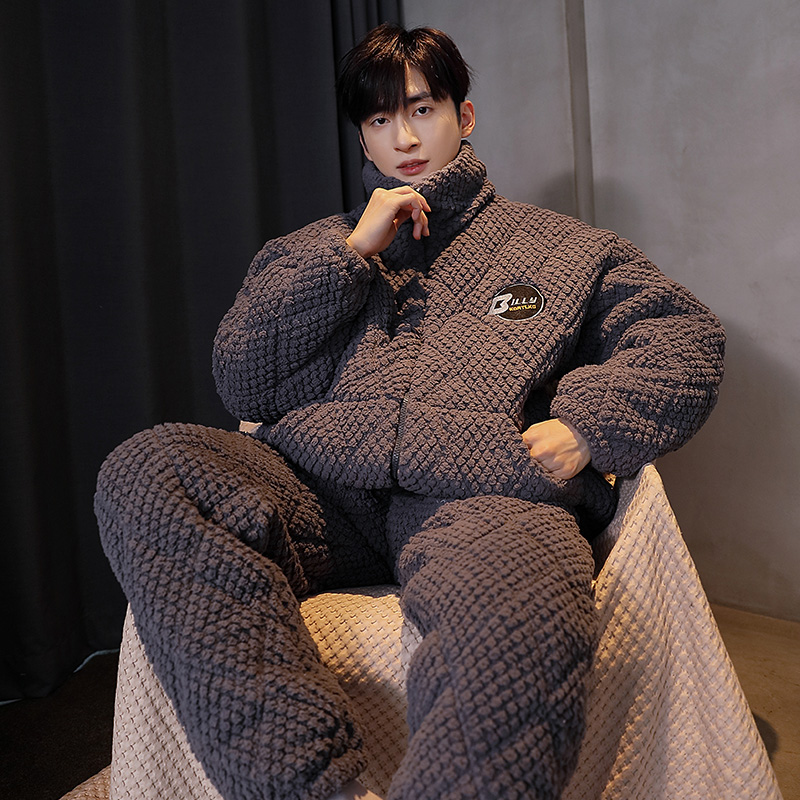 【夹棉1262】睡衣男冬季卡通加厚保暖三层袍套秋冬保暖家居服套装