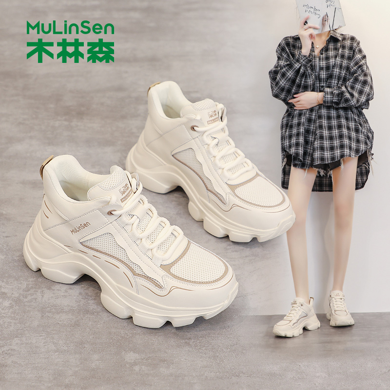 木林森女鞋2023秋冬厚底运动鞋舒适休闲鞋百搭圆头时尚潮流老爹鞋