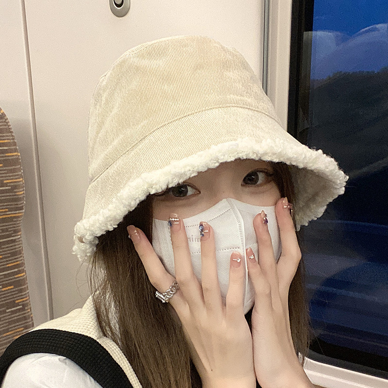 渔夫帽子女秋冬季新款百搭双面戴羊羔毛可爱显脸小毛绒盆帽水桶帽