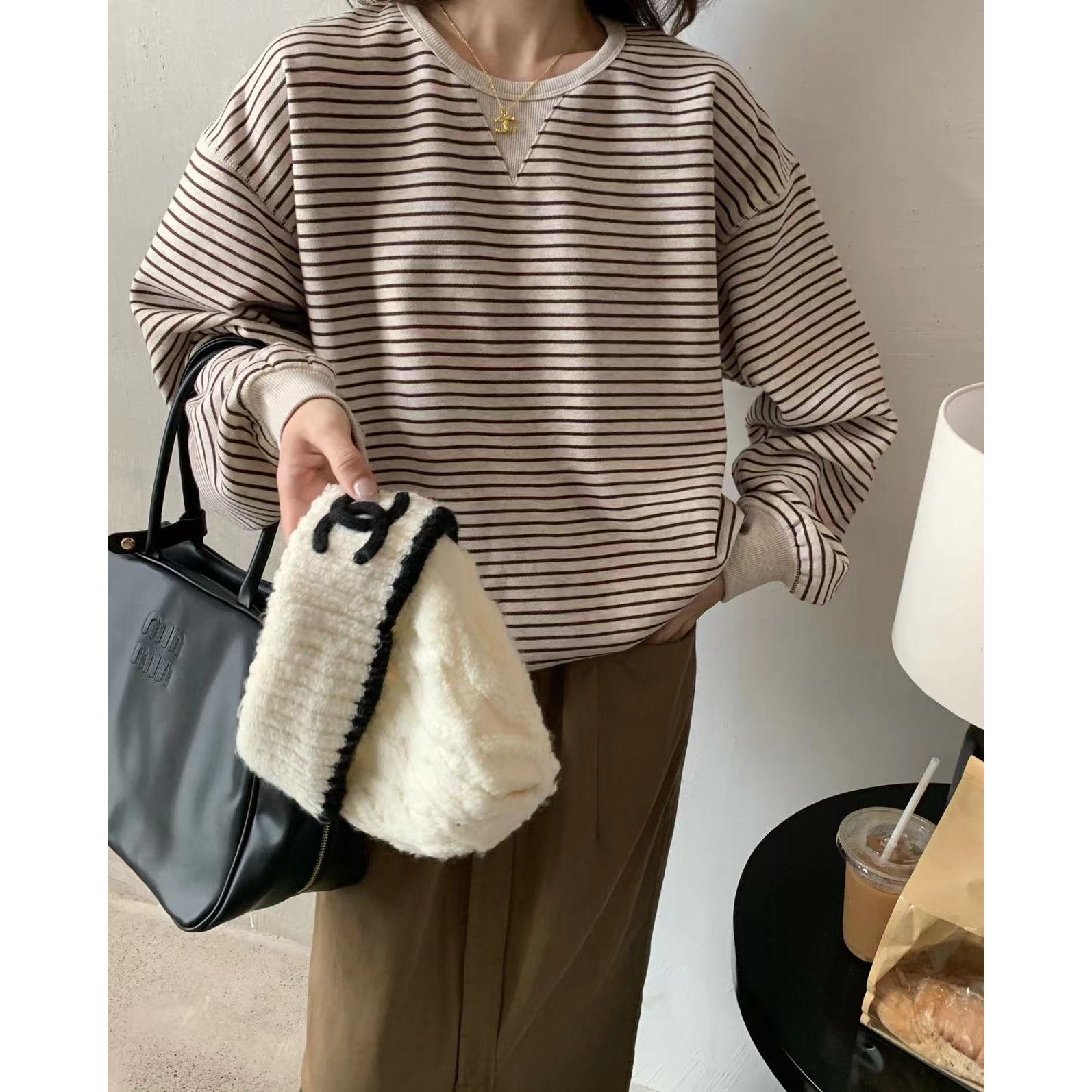 1962#闰熙#韩版圆领加绒条纹卫衣（福利）