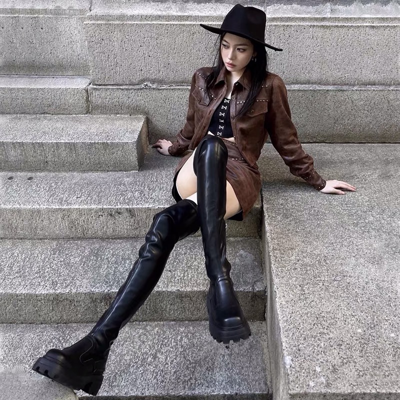 方头过膝靴2023秋季新款MONA厚底方头骑士靴显瘦弹力瘦瘦靴长筒靴