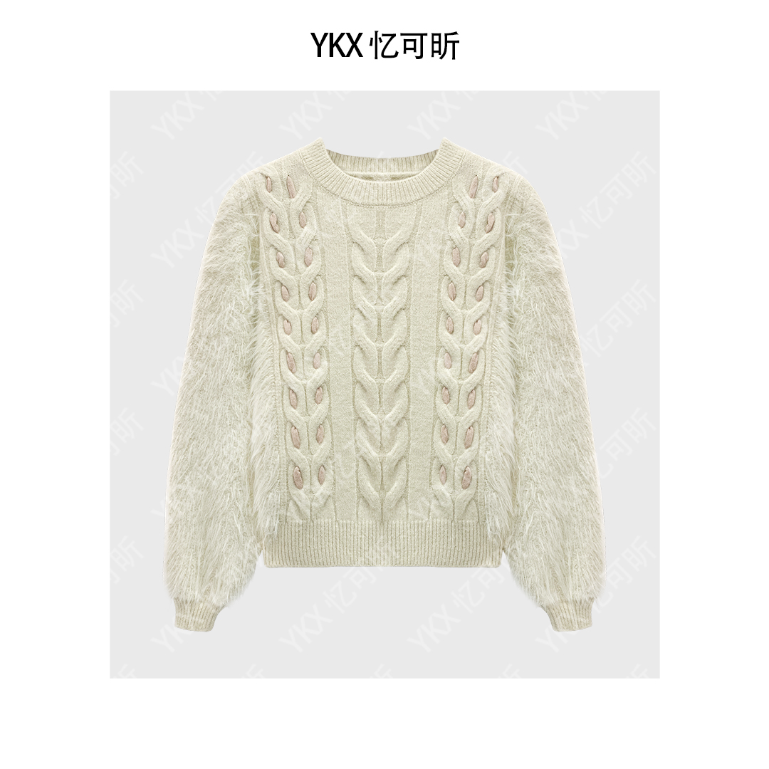 7355秋冬新款韩版流苏麻花长袖针织衫慵懒风设计感水貂绒百搭毛衣