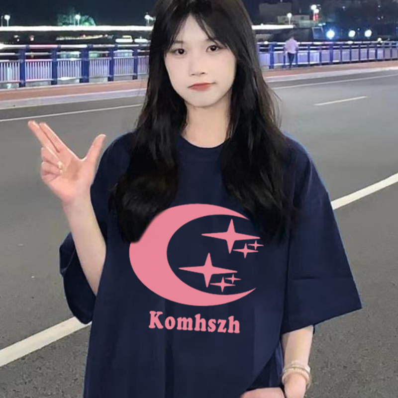 【重磅纯棉】潮牌藏青色t恤女学生圆领短袖2023夏季oversize上衣