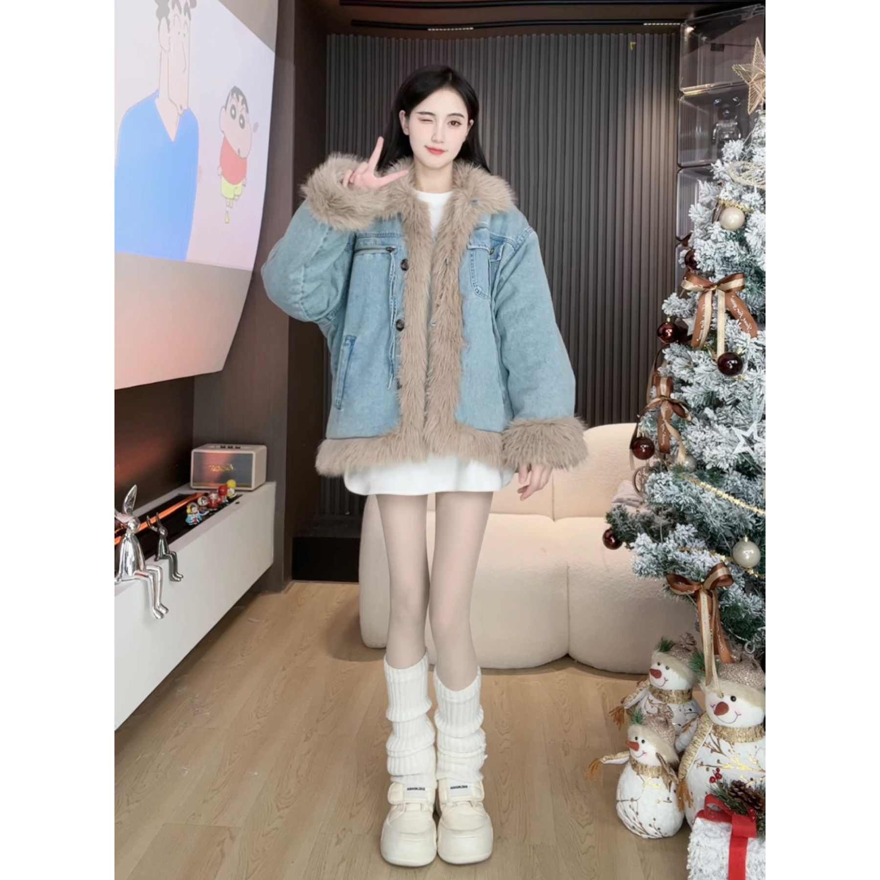 N胡萝卜【牛仔蓝夹棉毛毛外套】冬季新款oversize百搭显暖i
