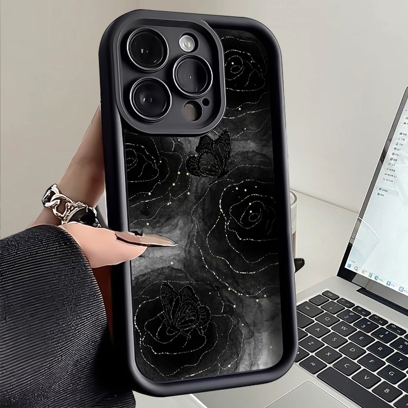 黑色玫瑰高竹苹果15promax手机壳iPhone14pro防摔13/11磨砂7p软xr
