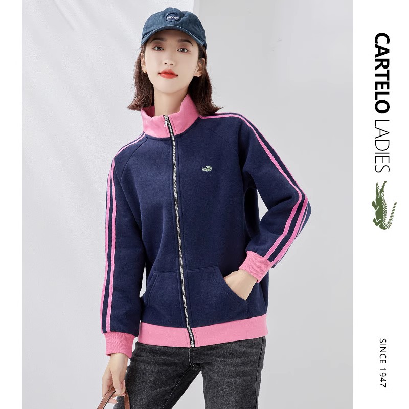 CARTELO LADIES立领卫衣女新款春秋韩版宽松撞色拼接条纹开衫外套