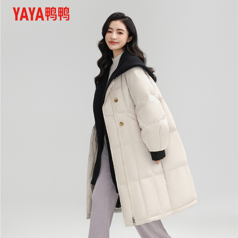 YAYA/鸭鸭羽绒服女中长款2023冬季新款针织拼接潮流百搭连帽外套