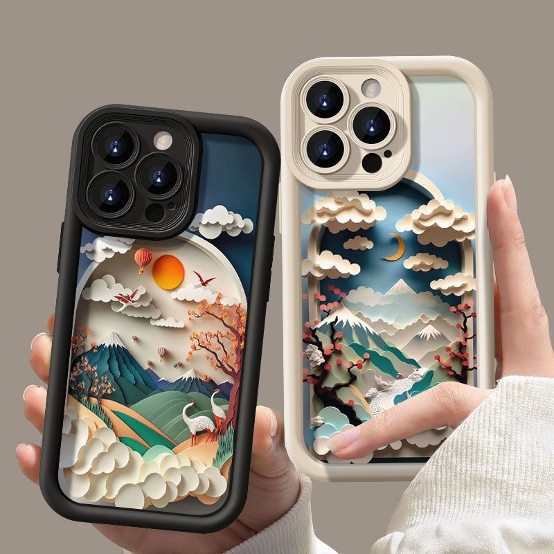 油画夕阳月牙适用苹果15Pro全包14promax创意iPhone13手机壳高级X