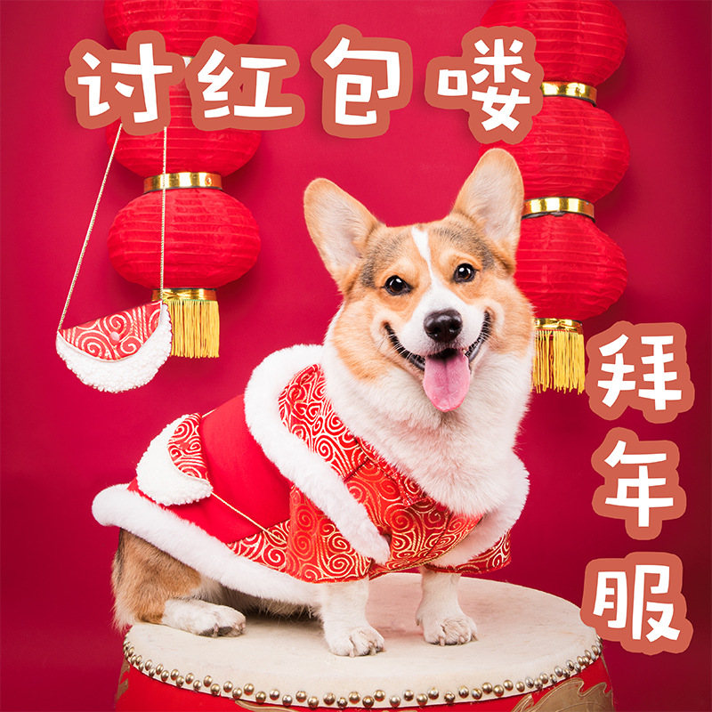 狗狗衣服2023新款冬季过年喜庆加热保暖唐装宠物柯基红色拜年服