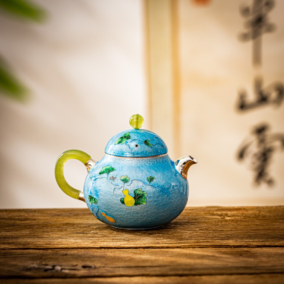 蜂鸟工坊手工艺品七宝烧玉把蓝色葫芦银壶家用泡茶壶FNN4212