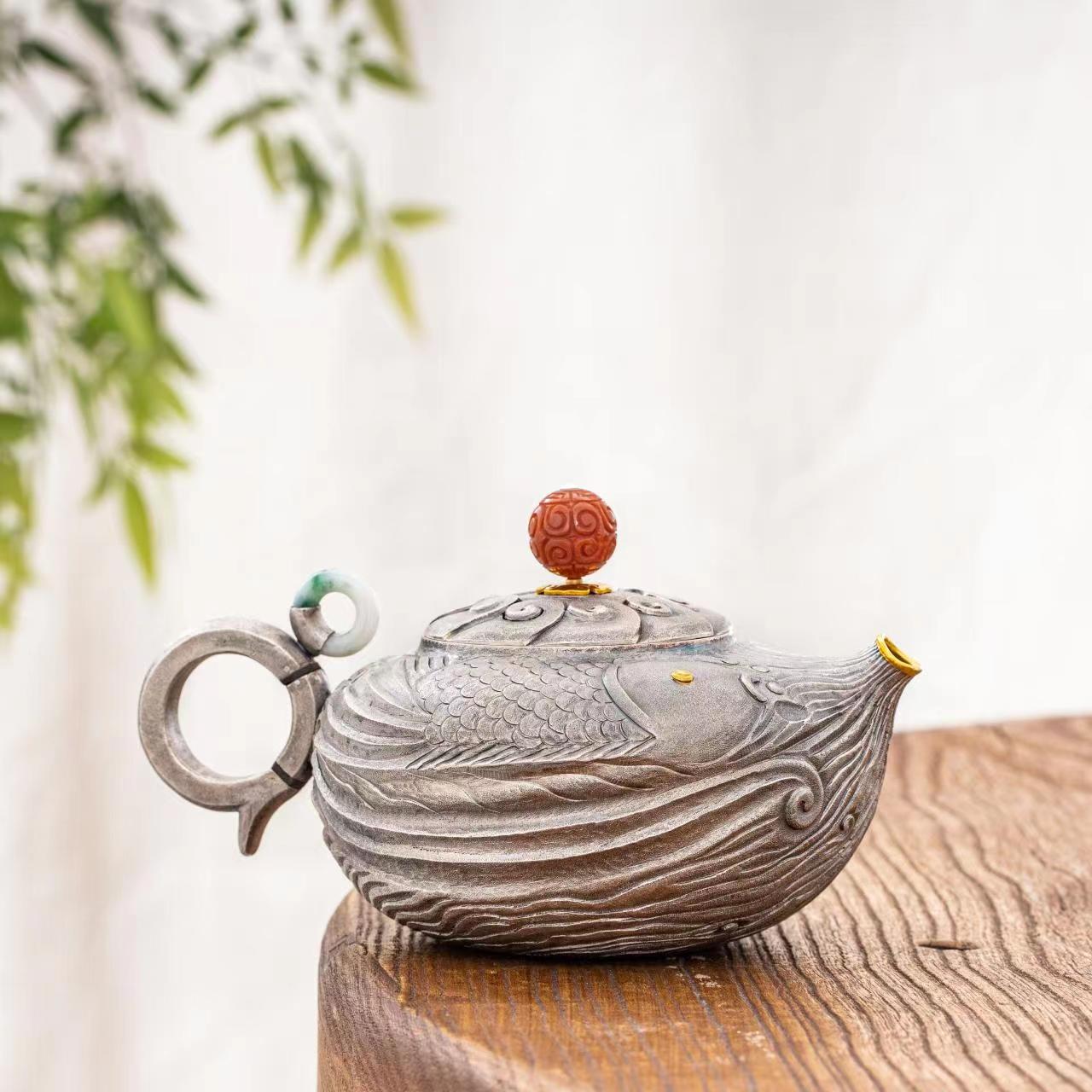 蜂鸟工坊传家系列麻纹做旧錾刻河豚鱼银壶泡茶壶小壶SWA2574