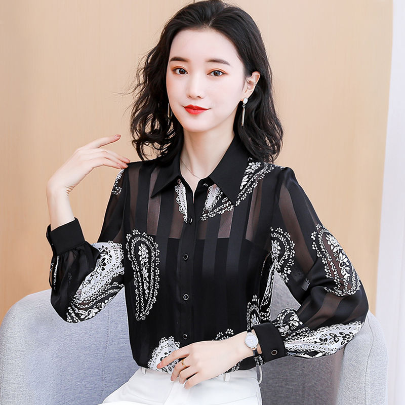 K8190印花雪纺衬衫女士春夏装2024年新款时尚polo领气质减龄上衣