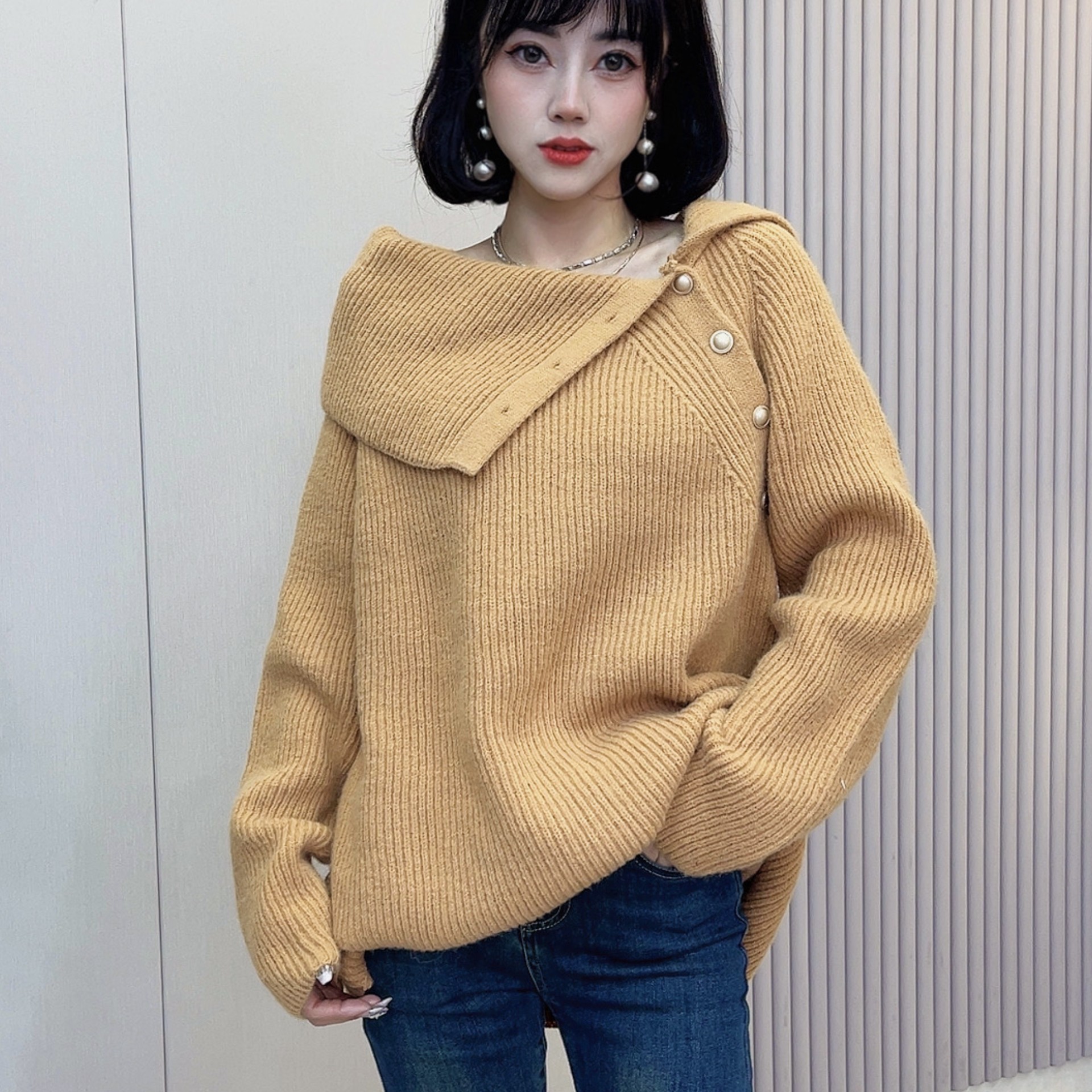 【迪否】慵懒风毛衣2023秋冬新款爆款高领休闲韩版纯色翻领百搭1908