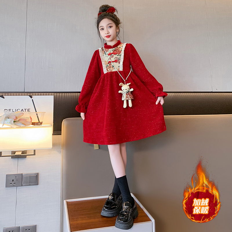 5女童裙子秋冬2023新款儿童汉服拜年服女大童冬季加绒公主裙12岁7